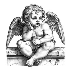 Obraz premium Thinking cherub angel with wings in vintage hand drawn engraving