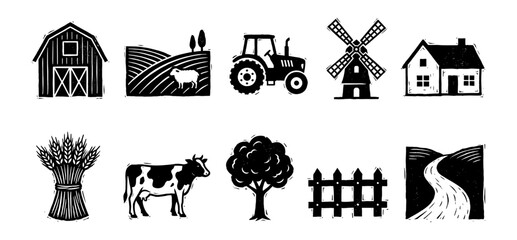Fototapeta premium Farm and agriculture icon set with tractor animals and barn woodcut