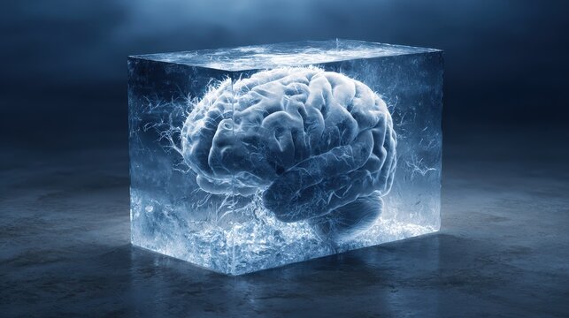 Frozen brain in ice block displays human thoughts and emotions captured in time at indoor setting