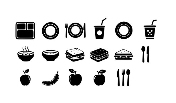 Cafeteria lunch menu icon set with tray food and utensil symbols in simple black vector design