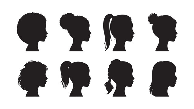 Black silhouette collection of female hairstyles ponytail