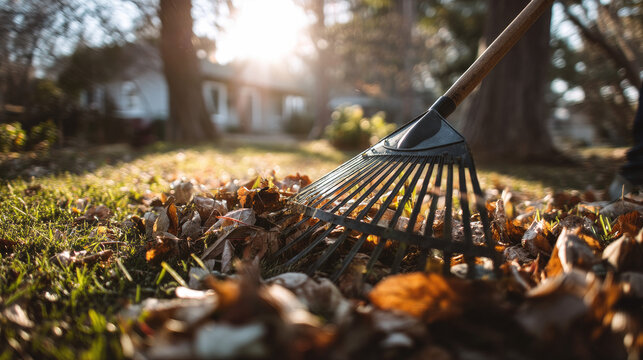 Raking autumn leaves on the yard with fresh green grass in early spring