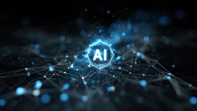 Digital Intelligence: A mesmerizing display of interconnected nodes and glowing lines forms a futuristic abstract with the AI emblem at its heart.