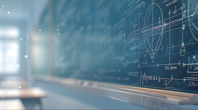 A chalkboard with complex physics diagrams, blurred classroom background