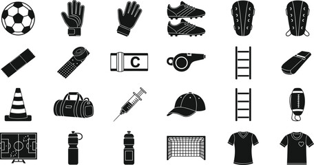 Football equipment icons set, soccer gear collection with ball gloves boots whistle training tools and field elements, sports accessories vector illustration, monochrome design pack © Hey there