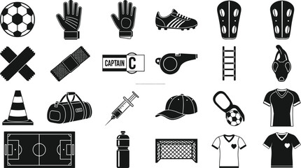 Football equipment icons set, soccer gear collection with ball gloves boots whistle and field elements, sports accessories vector, training tools illustration, monochrome design pack © Hey there