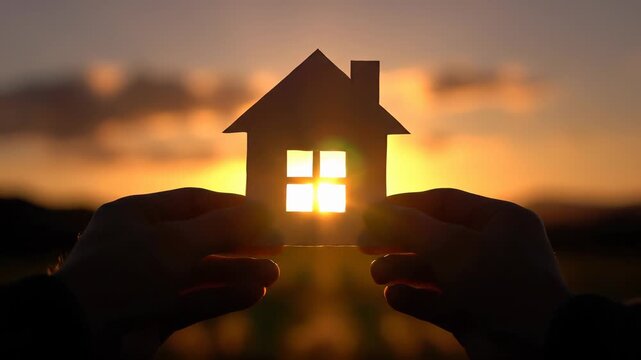Inspiration in beautiful sunset. Hands hold paper house symbolizing dreams and hope. Serene atmosphere captures essence of home and belonging. Perfect for real estate and lifestyle themes.
