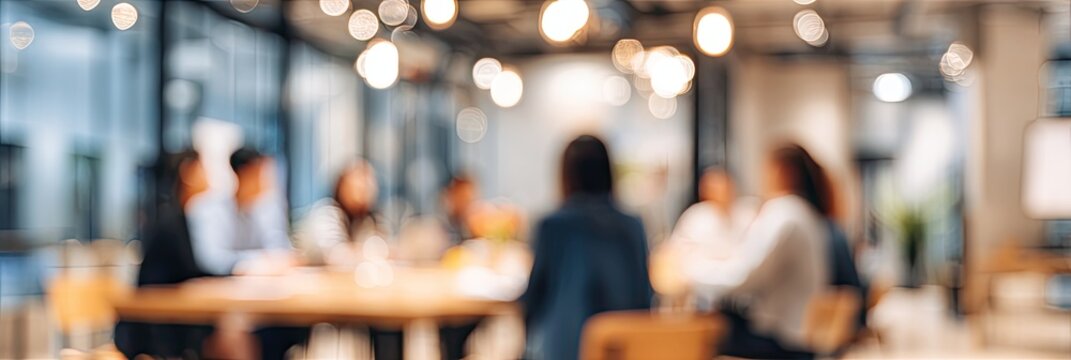 Blurred image of a diverse group of people in a modern office meeting room, collaborating around a table.