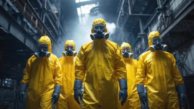 Hazardous Duty: A team of figures clad in vivid yellow hazmat suits and gas masks stride confidently forward, navigating a potentially dangerous environment. Emphasizing preparedness and caution.