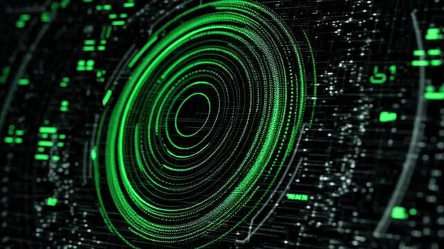 Vibrant green digital vortex and abstract data streams on a complex circuit board, symbolizing advanced technology, cybersecurity, and future processing