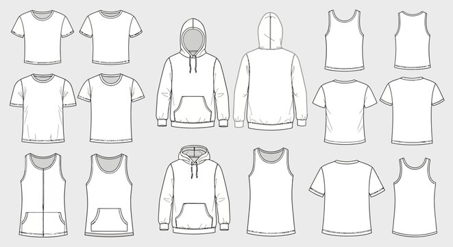 Blank T-Shirt Hoodie Tank Top Apparel Technical Flats Fashion Outline Template Vector Illustration