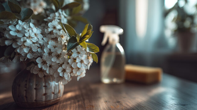 White flowers and cleaning supplies on a wooden table