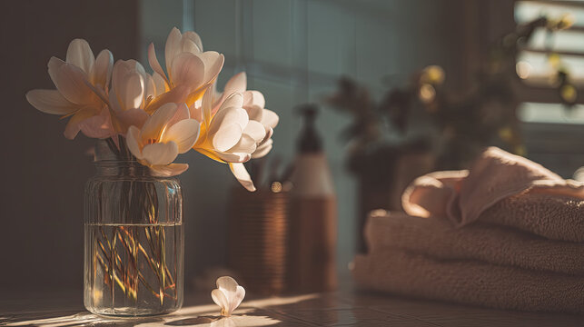 Delicate white and yellow crocuses in a vase for spring cleaning