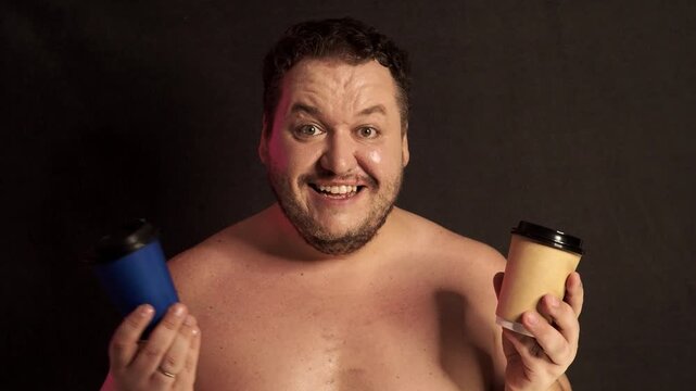 A funny fat man overeats tasty and unhealthy food.