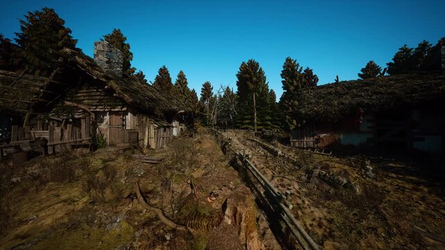 sunlit abandoned wooden village by lake with millers homestead and worn fence, grassy slope, pine backdrop and calm reflective shore under clear blue sky