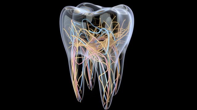 3d render transparent tooth showing internal structure nerves and roots medical educational concept