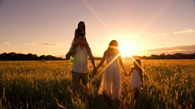 Family enjoying sunset in golden field. Parents and children hold hands while walking together. Joyful moments create lasting memories in nature.
