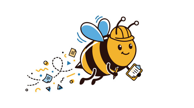 A cheerful cartoon bee wearing a yellow hard hat and blue wings, flying with a clipboard and pen, leaving a trail of documents and shapes, symbolizing work and productivity.
