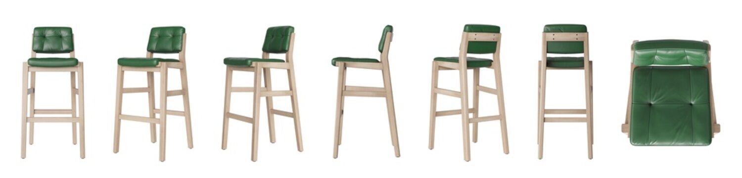 Modern green leather and wood bar stool set isolated on transparent background, 3D render