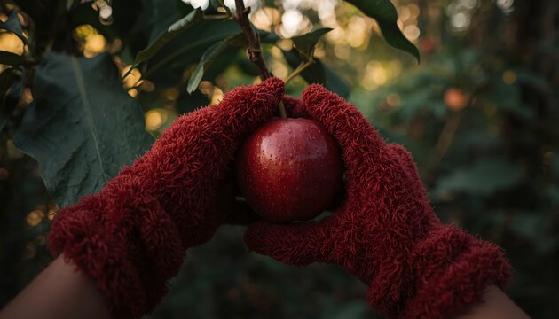 Hands Wearing Garden Gloves picking Velvet Apple