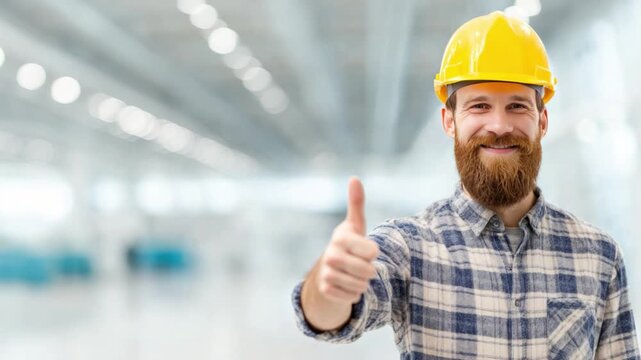 Construction Worker's Affirmation: A construction worker, radiating confidence and experience, offers a thumbs-up gesture, symbolizing approval and expertise within an industrial setting.