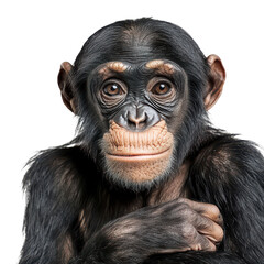 Naklejka premium Chimp interacts with camera and looks directly at viewer in a bright setting, highlighting its features and expressions during a studio session