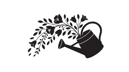 Black watering can with growing plants silhouette leaves © Mahfujur Riyad