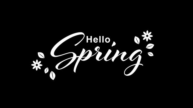 Hello Spring hand writing text animation with flowers on transparent background. Alpha channel included.