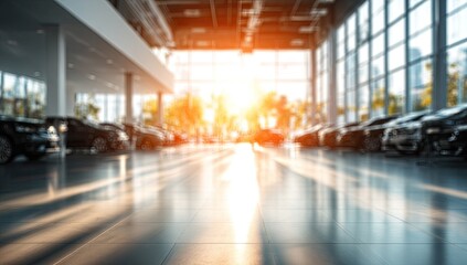 Obraz premium Modern Car Dealership Showroom with Rows of New Vehicles and Sunlight.