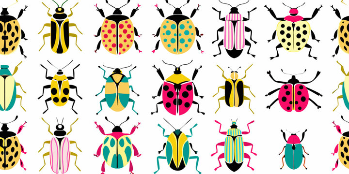 A vibrant collection of stylized insects arranged in a repeating pattern