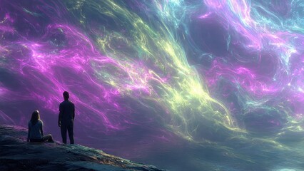 Obraz premium Two people contemplate a spectacular cosmic sky, adorned with vibrant purple, pink, yellow, and blue nebulae, creating an awe-inspiring scene of wonder and tranquility.