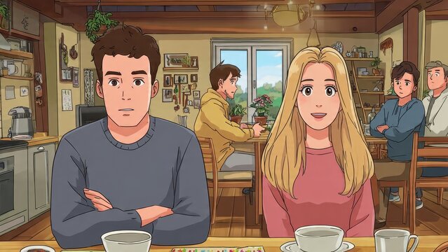 Anime style illustration of a young couple at a table, with others in the background, capturing a slice of life scene in a cozy cafe or home setting.