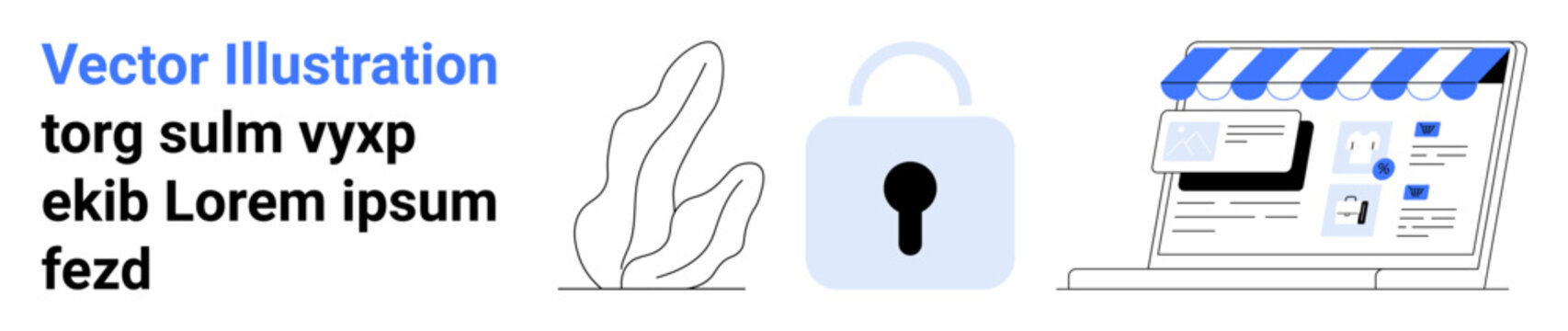 Online privacy, cybersecurity, e-commerce, data security, authentication, digital storefront. A padlock beside a website interface and abstract design elements. Online privacy and cybersecurity