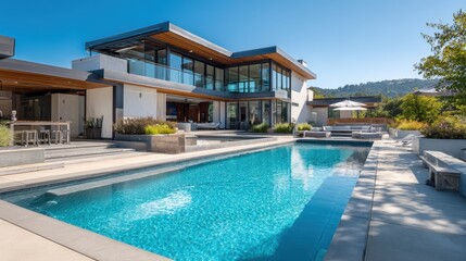 Fototapeta premium Modern house with large windows and pool in sunny backyard located in a quiet neighborhood