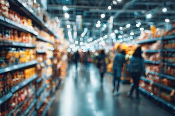 Obraz premium Blurred View of Shoppers in a Supermarket Aisle.