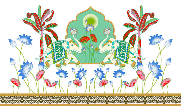 Traditional Indian Kalamkari Elephant Floral Border Design with Lotus Motif (Seamless Textile Pattern)..