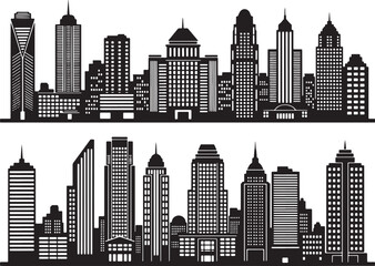 Fototapeta premium Collection of modern city skyline silhouettes featuring diverse high-rise buildings and architectural styles, showcasing urban development and cityscapes