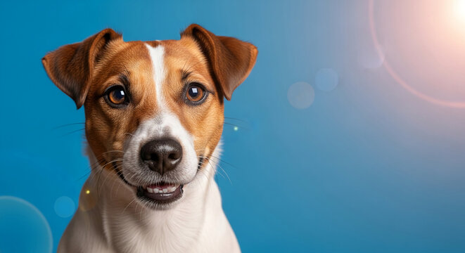 Close-up of a smiling brown and white Jack Russell Terrier dog against a blue background, symbolizing joy, companionship, and loyalty, with free space for text or design