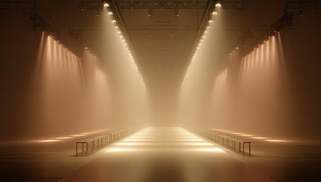 Empty Fashion Runway with Dramatic Spotlights and Seating.