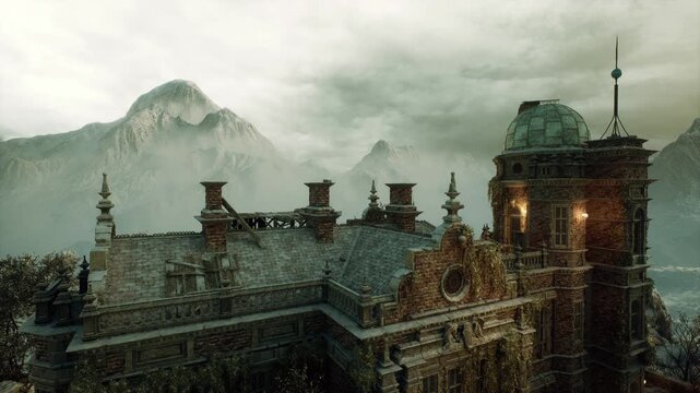 Baroque observatory rooftop against foggy peaks, ornate crest and dome silhouette, carved masonry and glowing lantern, cloudy alpine backdrop, elegant historic