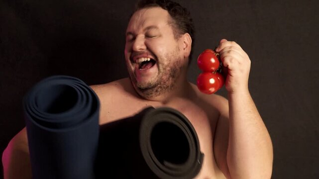 A funny fat man overeats tasty and unhealthy food.