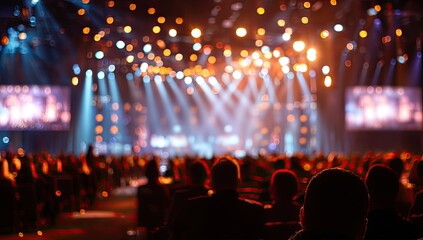 Obraz premium Concert crowd enjoying a vibrant stage performance with bright lights.
