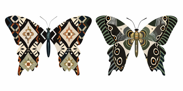 Two intricately patterned butterflies displayed against a white background