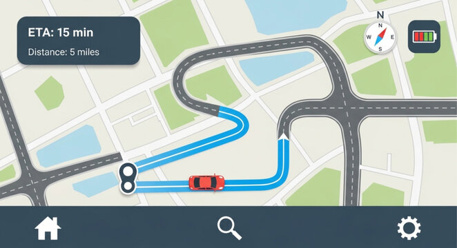 Navigation app interface displaying route with ETA and distance.