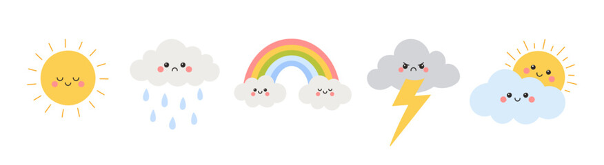 Fototapeta premium Kawaii weather forecast icon set with sun, clouds, rain, rainbow. Flat character vector elements isolated on white background. Perfect for kids design, apps, and educational materials