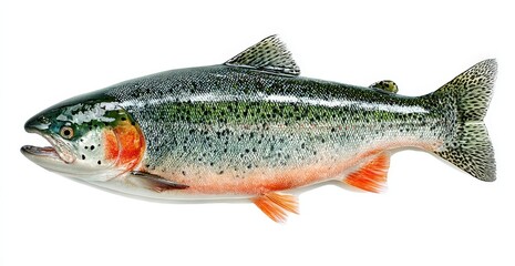 Obraz premium Fresh rainbow trout fish with vibrant scales and orange belly, displayed on a white background, showcasing its natural colors and features for culinary presentation