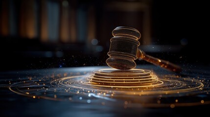 Obraz premium A digital gavel striking a surface with glowing, circular ripple effects symbolizing justice and law in a futuristic, tech-inspired setting.