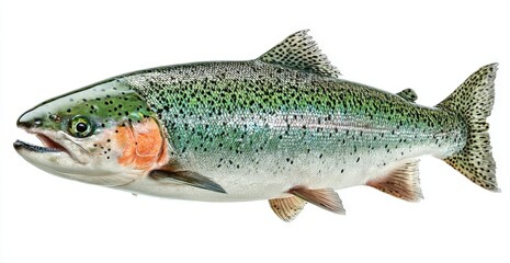 Naklejka premium Rainbow trout fish with distinctive coloration and patterns, showcasing iridescent scales and a streamlined body, isolated on a white background