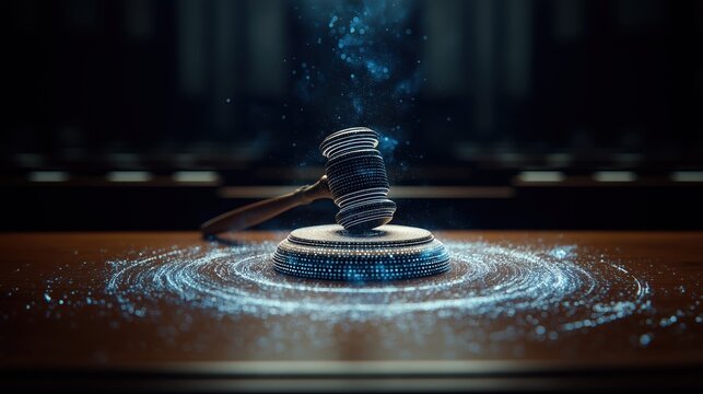 A digital representation of a judge's gavel emits a glowing, swirling pattern of particles symbolizing justice and law in a modern, tech-inspired style.