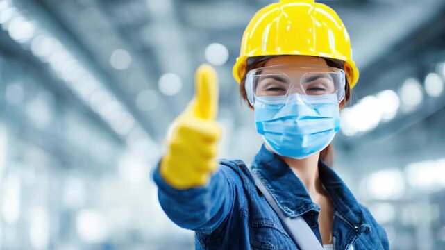 Protective Optimism: A determined worker, adorned in essential safety gear, conveys a gesture of approval, symbolizing resilience and the unwavering spirit of progress.